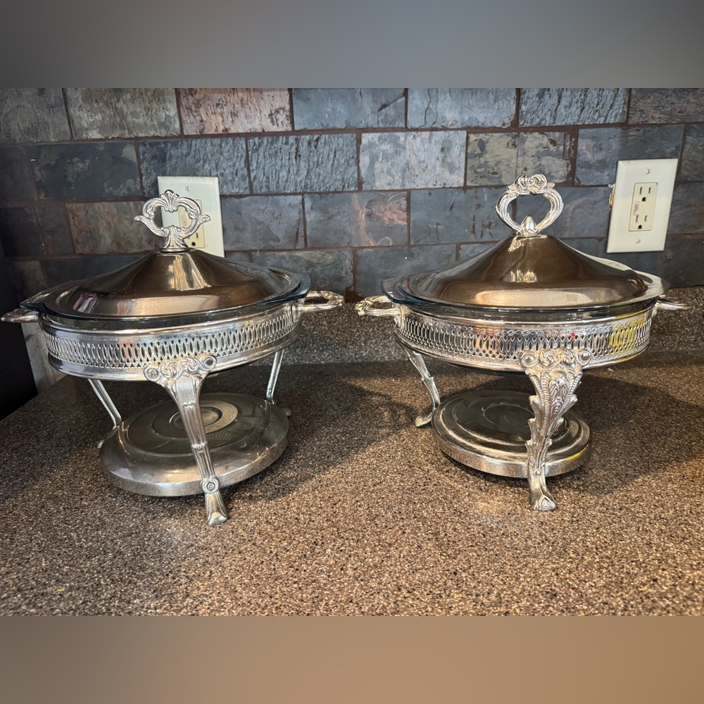 2 matching Vintage silver plate warming chaffing dishes